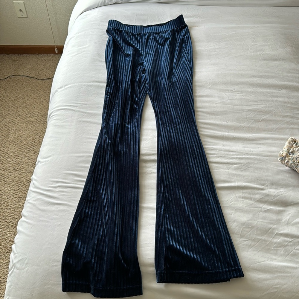 Medium blue stretch velvet flare pants